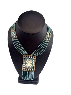 Vintage HandMade Multi Strand Seed Beaded Necklace Geometric Tribal Aqua